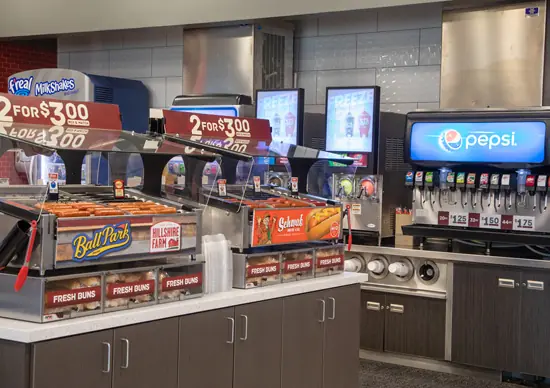 View of the isles, soft drink fountains and hot snacks in Chickasaw Travel Stop.